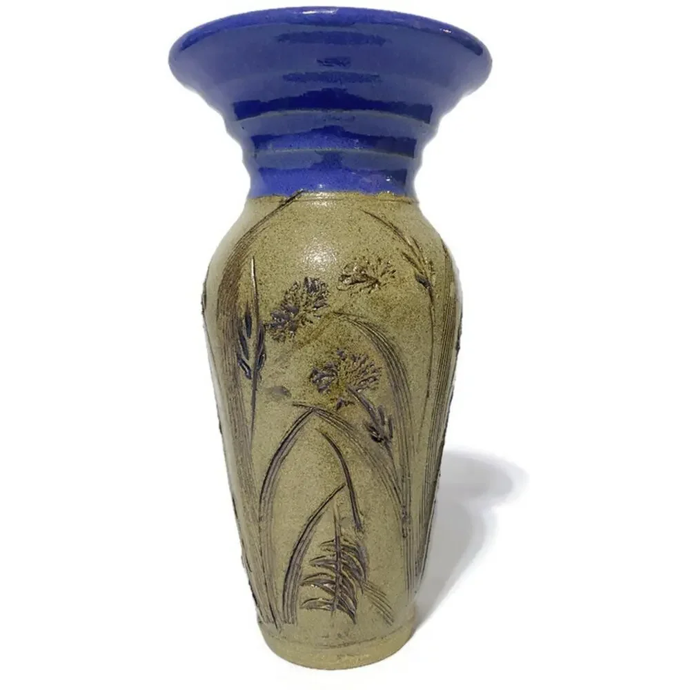 Tom Briney Signed Art Pottery Vase Floral Brown Blue 8.5